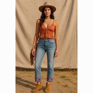 Driftwood Light Wash Embroidered Straight Crop Jeans Sz 26 Boho Western Festival